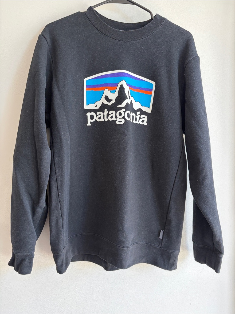 Patagonia Black Crewneck Sweatshirt with Multicolor Mountain Logo